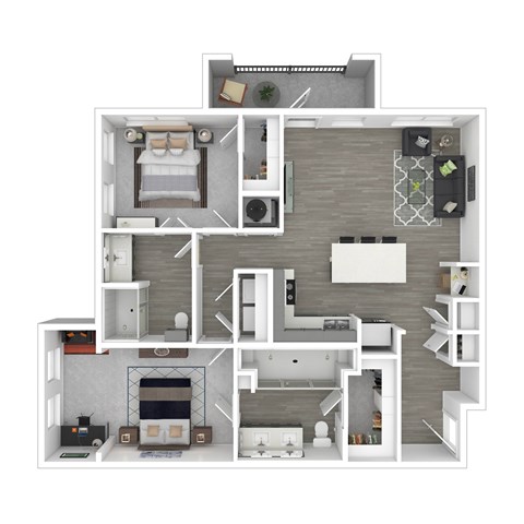 Floor plan for 2 beds, 2 baths, 1232 sqft